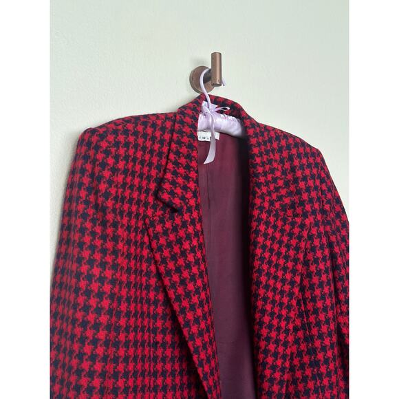 Vintage 100% Wool Blazer Collared Jacket Business Office Navy Red Houndstooth - Picture 8 of 12